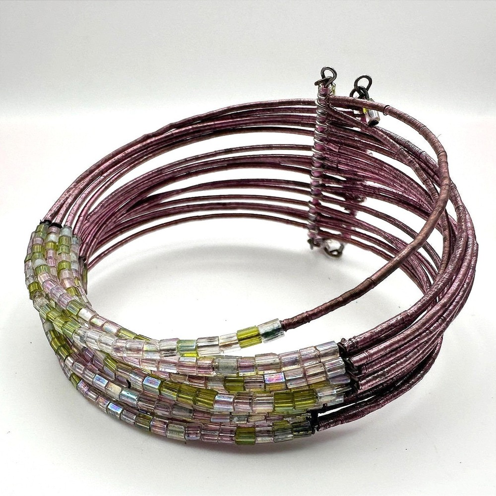 Vintage Y2K Multi-Strand Memory Wire Cuff Bracelet Beaded Boho Statement Jewelry